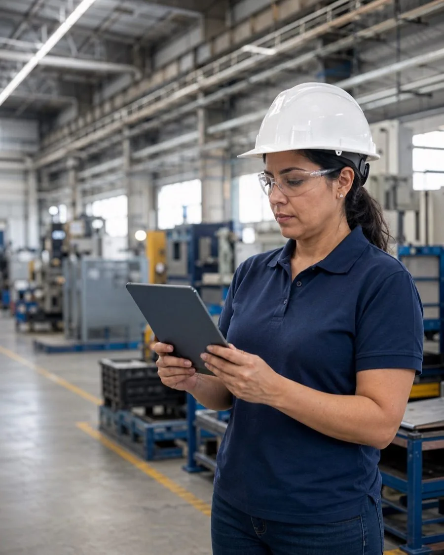 Responsable de seguridad y salud en el trabajo consulta una tableta dentro de una planta industrial.
